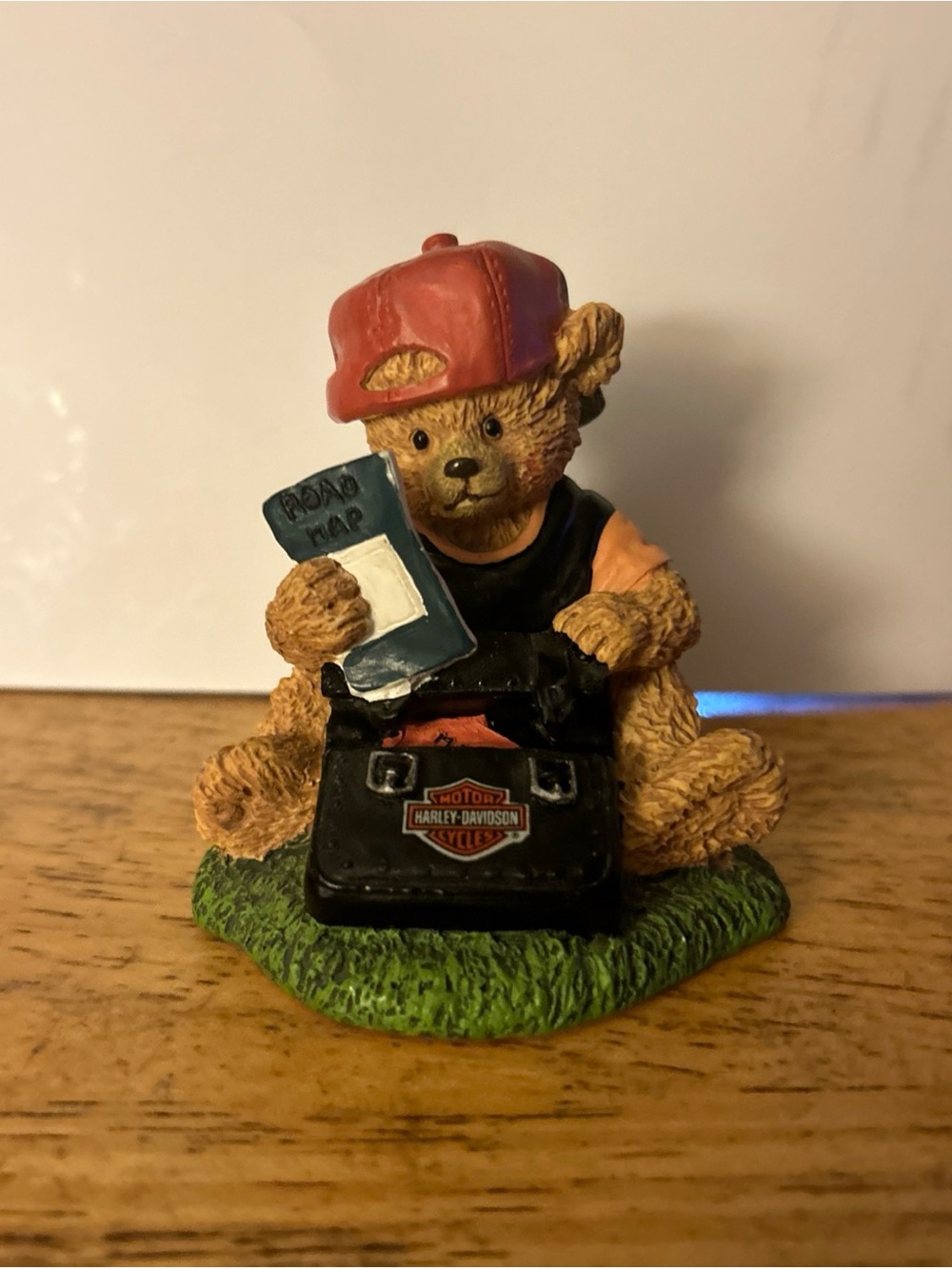 Harley-Davidson Bear Figurine with Red Cap and Black Saddlebag